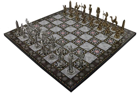 GiftHome Metal Mısır Satranç Takımı Parlak ve Katlanır Sedef Desenli MDF Ahşap Satranç Tahtası (43x43 cm.)