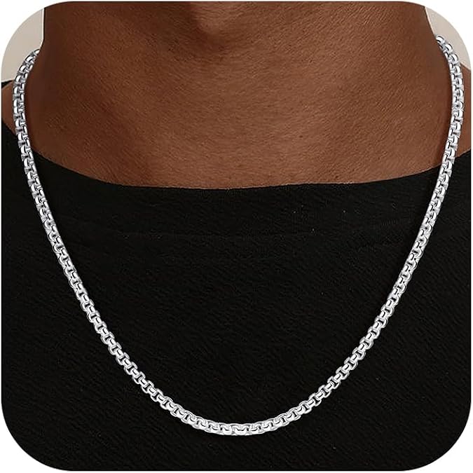 Silver Chain for Men, 925 Sterling Silver Over Round Box Chain Necklace | 2mm/3mm/4mm Diamond Cut Round Box Chain Silver Necklace for Men Jewelry Mens Chains Gifts for Husband Father