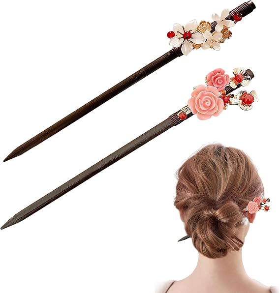 2 Pieces Chinese Hair Sticks,Red Wooden Chinese New Year Hairpins,Wood Hair Sticks With Tassel,Asian Retro Flower Tassel Updo Hairpin Chopsticks,Wooden Floral Hairpin (A)