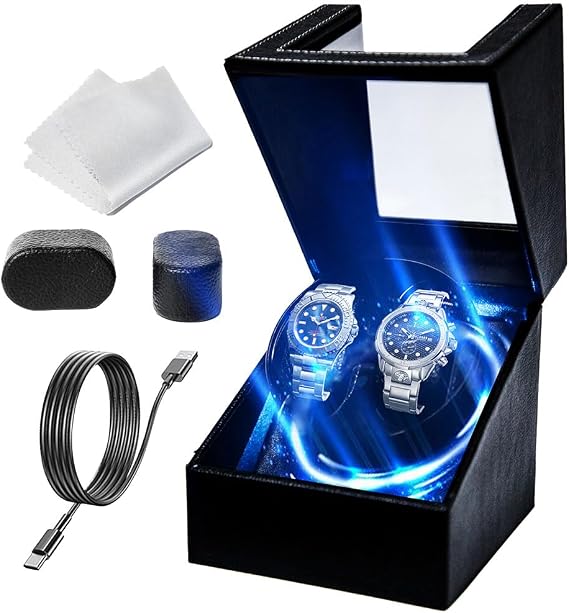 Double Automatic Watch Winder with LED Light, Watch Winders for 2 Watches with Quiet Motor, Soft Flexible Watch Pillow,5 Rotation Modes USB Cable(LED-PU Leather)