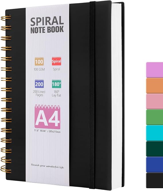 A4 Notebook, 200 Pages Notebook Journal for Women Men, Wirebound Spiral Notebooks with 100GSM Lined Paper, PVC Waterproof Cover Note Book Notepad for Work Office School Supplies, 21 x 29cm-Black