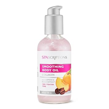 SpaScriptions Collagen Body Oil - After Shower Infused Body Oil with Caffeine & Peach for Smooth, Firm-Looking Skin, Hydrating Lightweight Non-Greasy Daily Moisturizer in Premium Glass Bottle, 8 oz