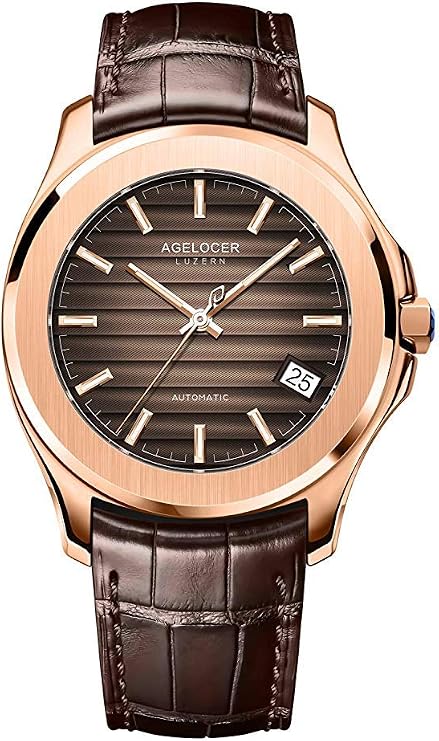 agelocer Men's Watch Mechanical Automatic with Water Ripple Gradient Dial,Calendar,Luminous Hands,80H Power Reserve,Leather Strap,Dress Luxury Gift for Men