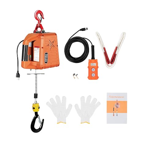 DHBREK Electric Hoist Winch, 1100lbs Portable Electric Winch, 1500W 110V Power Winch Crane, 25ft Lifting Height, w/Wireless Remote Control, Overload Protection for Lifting Towing, Orange