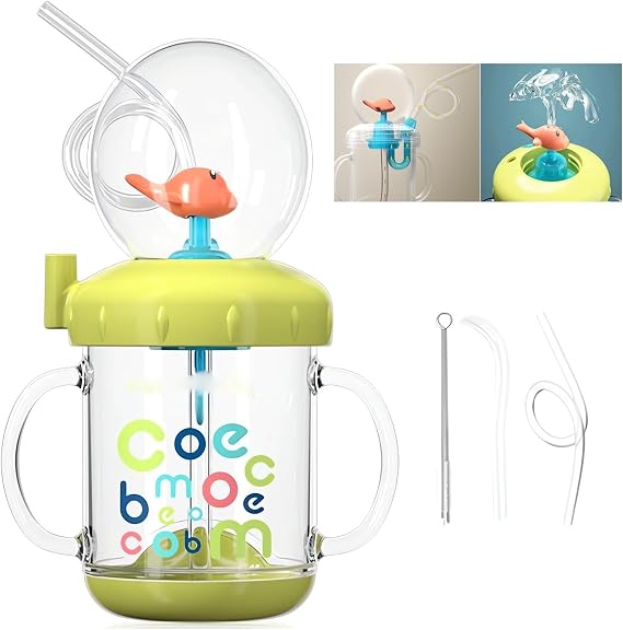 Drinking Cup with Whale Squirt - 2023 New Cute Whale Spray Water Cup, BPA Free Leak Proof Straw Cup Sippy Cups Kids Non Spill Water Bottle Weighted Straw Cups (220ml/Green)