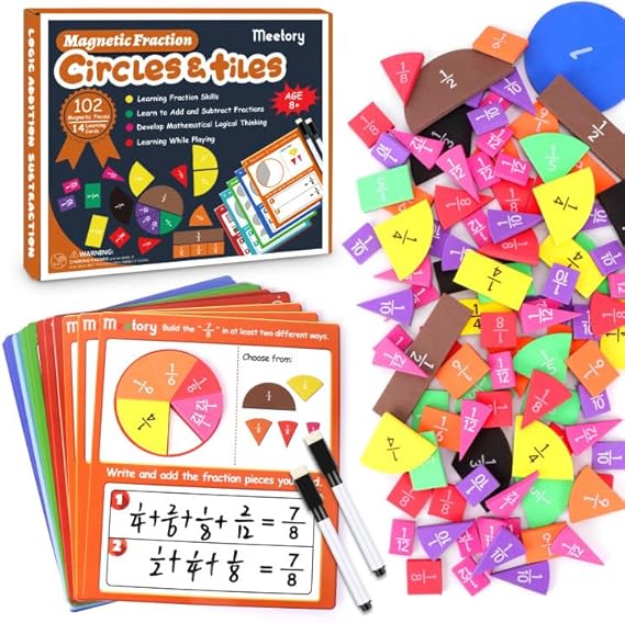 Meetory Fraction Tiles & Fraction Circles, Math Manipulatives Fractions Resources for for Elementary School Fraction Strips Bars Math Games for 6-12 Class Teaching Homeschool Supplies