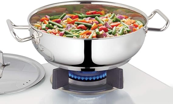 Borosil - Stainless Steel Flat Kadhai with lid, Impact Bonded Tri-Ply Bottom, 2.8 L, Silver