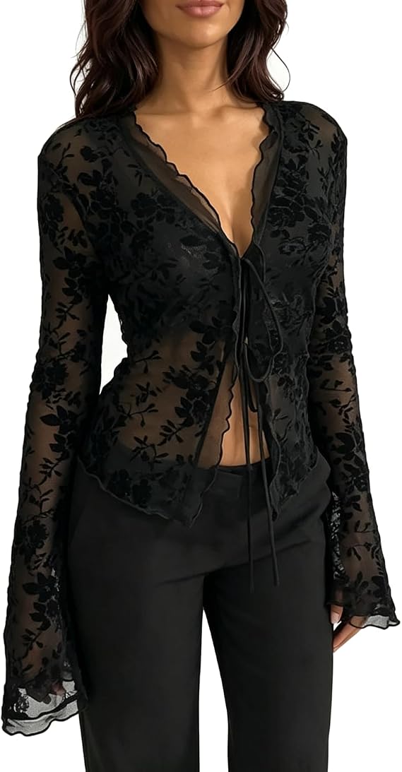 Women Long Sleeve See Through Lace Tops Y2k Sexy Leopard Sheer Mesh Crop Top Open Front Deep V Neck Ruffle Shirts