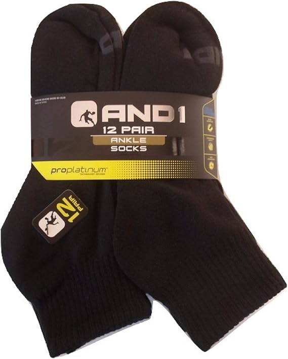 AND1 12 PAIRS Black Ankle Socks Mens Size 6-12.5 And 1 Proplatinum, Black, 6-12.5
