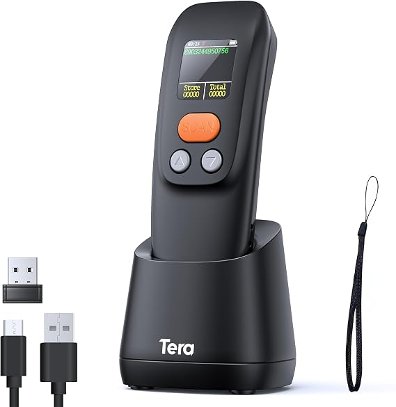 Tera 2D Barcode Scanner Wireless Portable: BT 2.4G USB 1.4" Screen, 1600