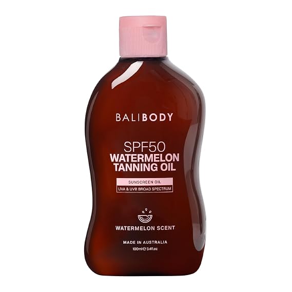 Bali Body Watermelon Tanning Oil SPF50 Tanning Oil with SPF for Dark Glow Skin, Fast-Absorbing, Non-Greasy Formula, Hydrating, Travel Size, Cruelty-Free, Vegan Australian Made (100ml/3.4floz)