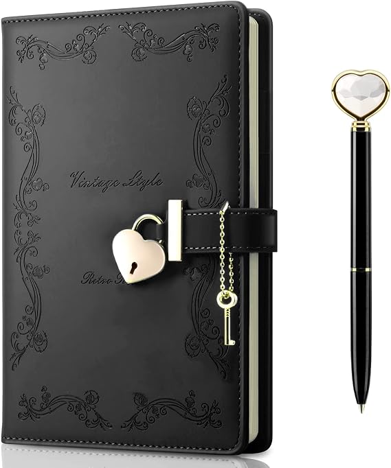 Lock Diary with Key and Pen for Girls, 192 Pages Vintage Leather Heart Shaped Journal Notebook with Lock and Diamond Pen, A5 Cute Locked Secret Diaries for Women (Black)