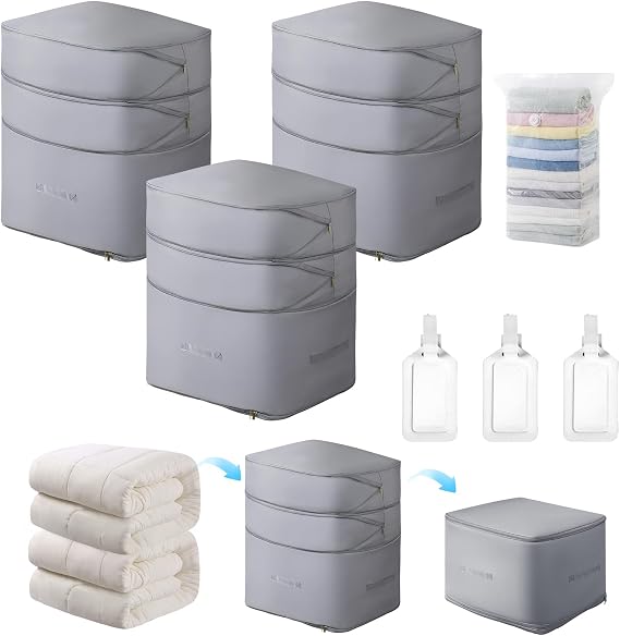 Comforter Storage Bag-Ultra Space Saving Large Self Compression Organizer for Comforters and Blanket,3-Layer Zipper Self-Compressing Organizer for Storage Bedding. (Gray, 3 Pack)