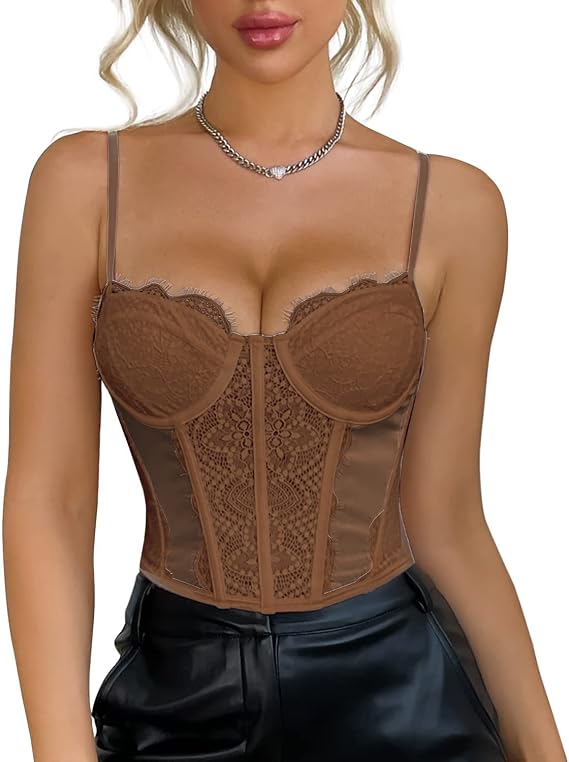 Modegal Women's Lace Mesh Bustier Fish Boned Sheer Spaghetti Straps Going Out Corset Crop Top with Underwire