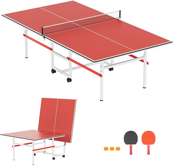 Mid-Size Table Tennis Table, Foldable & Portable Professional Ping Pong Table for Indoor & Outdoor Games with Net, 2 Table Tennis Paddles and 3 Balls,Easy to assemble (Red, 8FT)