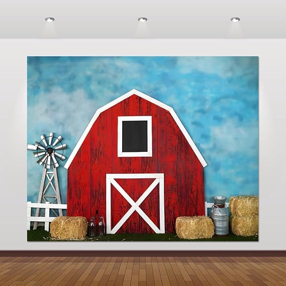 10x8ft Farm Red Barn Door Backdrop | Birthday Party Haystack Harvest Barnyard Farmhouse Country Warehouse Courtyard Western Cowboy Wild West Photoshoot Banner