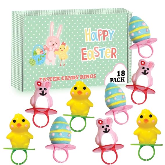 Easter Candy Rings 3D Ring Pops 18 Individually Wrapped Suckers Bulk Variety Pack Easter Basket Candy, Egg Hunt Fillers, Spring Party Favors, Classroom Treats for Kids