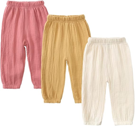 Kids Tales 3 Pack Boys Girls Cotton Linen Pants Child Basic Plain Solid Trousers Big Kids Elastic Waist Long Pants Bloomers