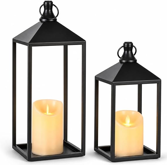 2 Pcs Black Decorative Metal Lanterns Farmhouse Lantern Decor with Candles