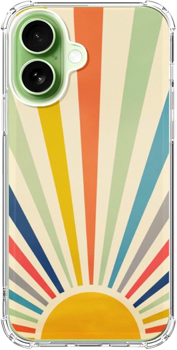 レトロ 70年代 サン スマホケース iPhone 17、ミッドセンチュリー 美的 ミニマリスト カラフル サンバースト フォンカバー、iPhone 17用、TPU フォンカバーケース