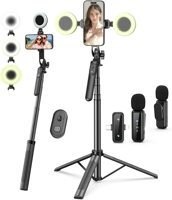 Vlogging Kit for iPhone/Android, 71" Selfie Stick Tripod for iPhone with Fill Light, Wireless Mic & Remote, Adjustable Aluminum Phone Tripod for TikTok/YouTube Content Creator Essentials Starter Kit‌