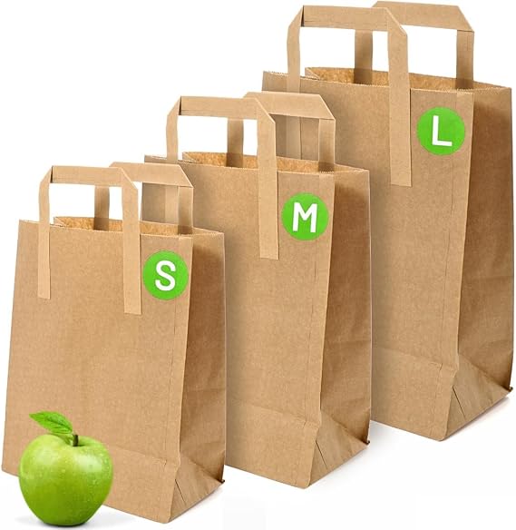 Brown Paper Bags with Handles - Large 12 x 10 x 5", 100 Pack, 80gsm Kraft Material, Takeaway Lunch Grocery Shopping Gift Party