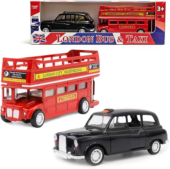 London Bus Diecast Model Double Decker Red Bus and Black Taxi Mini Models 1:32 Scale Pull-Back Buses Model Alloy Diecast Toy Vehicles Taxi Toys Metal Die Cast Free Wheeling Toy Birthday Gifts for Kids