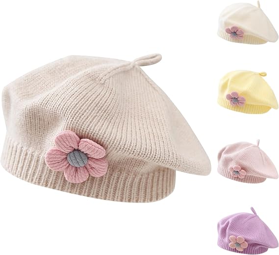 Winmany Baby Beret Hat Toddler Winter Knitted Beanie Cap with Cute Flower Little Girls French Hat for 0-3Years