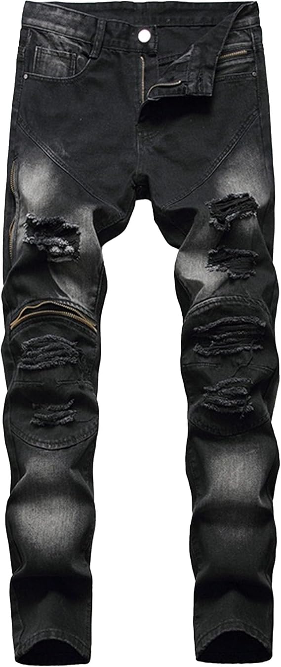 Men's Comfort Flex Waist Denim Pants Moto Ripped Skinny Jeans Fashion Straight Leg Casual Jeggings (Black,32)