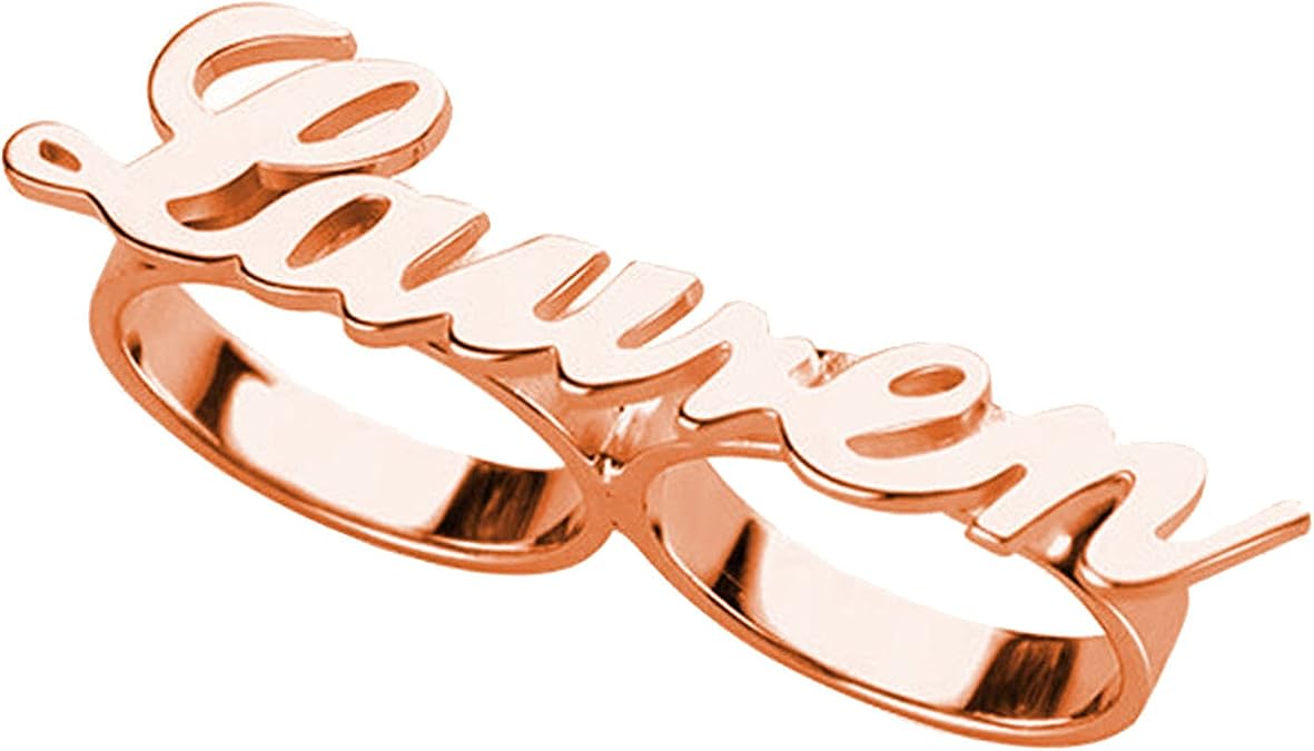 LONAGO Personalized Name Ring Custom Two Bands Ring Name Plate Promise Ring Letter Initial Stacking Ring Gift for Women