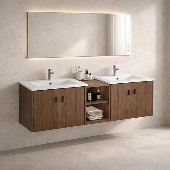 58" Double Sink Bathroom Vanity with Ceramic Basin, Freestanding Bathroom Cabinet with Storage Shelves & Soft-Close Doors, Modern Wood Grain Vanity for Master Bathroom