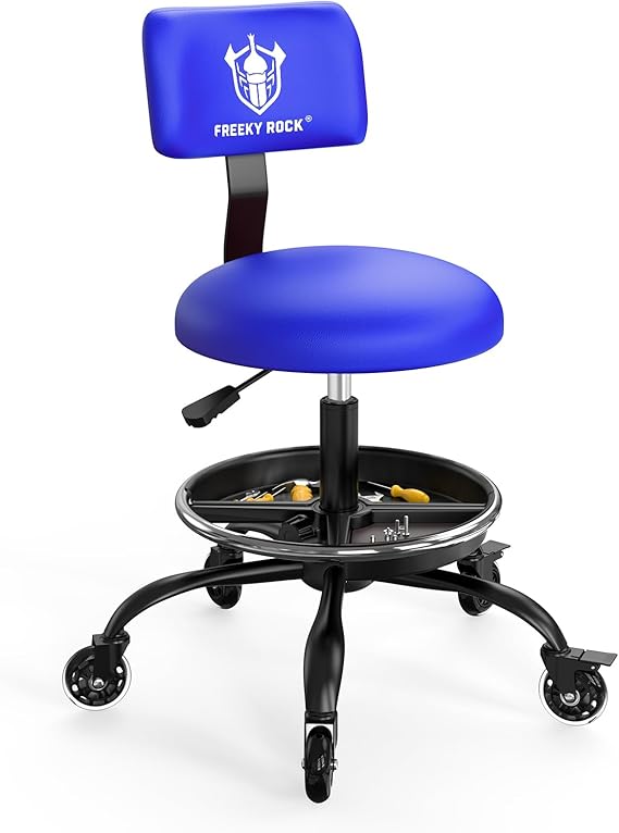 Rolling Shop Stool with Wheels, Garage Mechanic Stool Chair with Backrest, Height Adjustable Heavy Duty Swivel Task Chair, Adjustable Footrest with Storage Tray for Garage Kitchen Salon Tattoo (Blue)