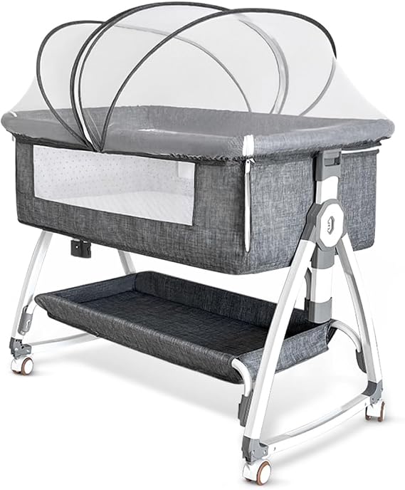Baby Crib Co-sleeping Infant Bed Newborn Bed 6-Level Height Adjustable Mosquito Net Breathable Multi-functional Easy Assembly Convenient Storage Portable Washable Storage Basket With Casters