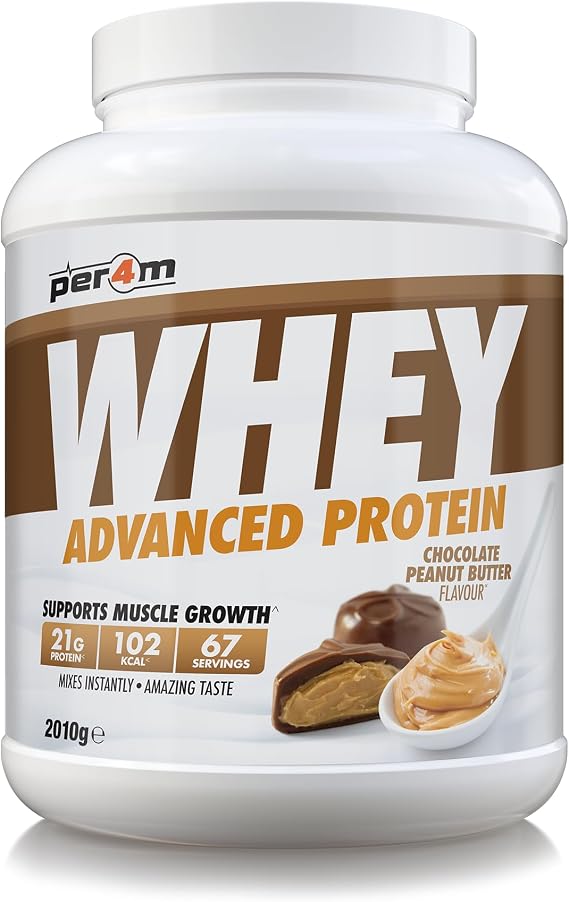 Per4m Whey Protein Powder | High Protein Shake for Muscle Growth & Recovery | Low Sugar Gym Supplement | Sports Nutrition Drink + Amino Acids (2010g, Chocolate Peanut Butter)