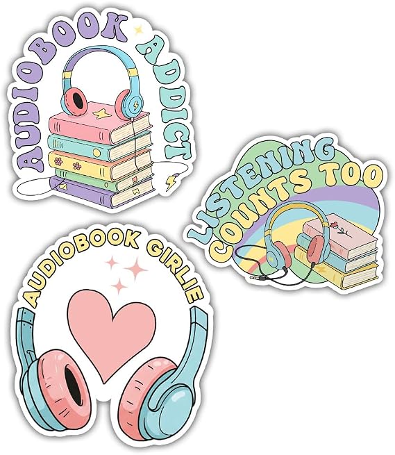 (3in - 3Pcs) Audiobook Girl Sticker Pack, Funny Girly Books Lover Decal, Cute Reading Bookish Sticker Gift for Women Girl Adults Teens, Laptop Tablet Planner Office Vehicle Decoration