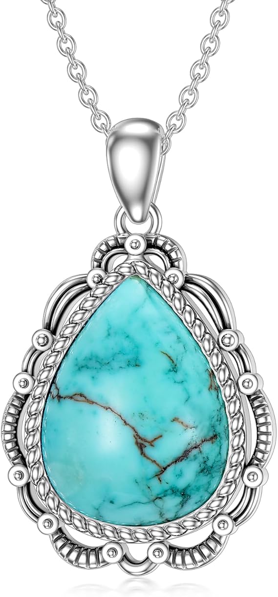 Natural Turquoise Necklace 925 Sterling Silver Genuine Gemstone Turquoise Bohemian Western Pendant Jewelry Gifts for Women