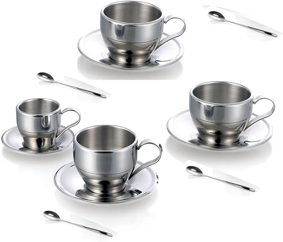 Jasni Stainless Steel Coffee Cup Coffee Mugs with Spoon and Saucer, 4 Pack