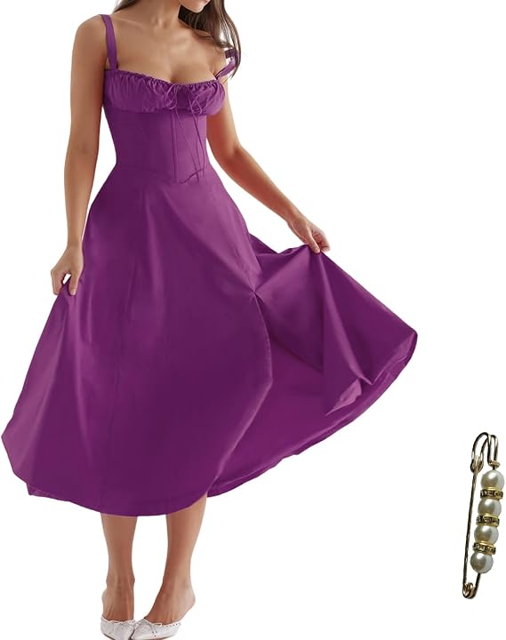 Floral Corset Midi Dress Square Neck A Line Dress with Slit