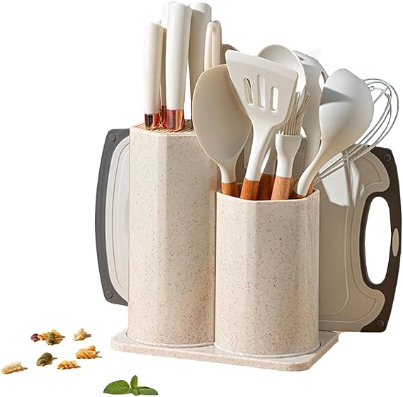 Kitchen Utensils Set,Caliamary 19 PCS Cooking Utensils Set with 360 Rotating Holder,Non-Stick Heat Resistan Kitchen Tools and Gadgets with Anti-slip Handle,Silicone One-Piece Molding (White)