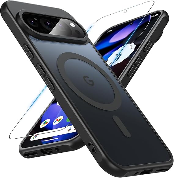 ottpluscase Magnetic for Google Pixel 9 Case/Pixel 9 Pro Case with Screen Protector, Shockproof Military-Grade Protection, Translucent Matte Back Slim Phone Cover, Black