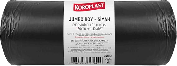 Koroplast Endüstriyel Çöp Torbası Jumbo Boy Siyah 10’lu 80x110 cm, Yırtılmaya Dayanıklı, Jumbo Boy Çöp Poşeti, Çift Katlı, Geri Dönüştürülebilir, Fabrika, İnşaat, Depo, Kafe, Otel, Hastane, Bahçe