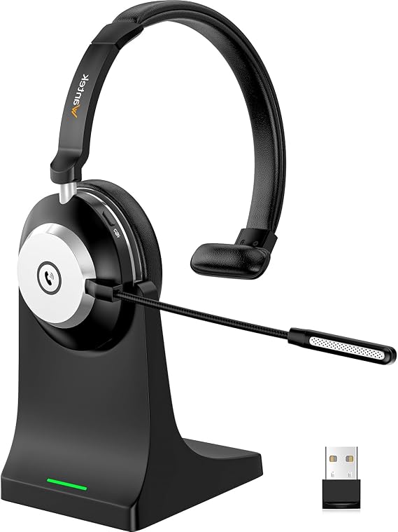 Wantek Bluetooth Headset, Wireless Headset with Microphone for PC, V5.2 Computer Headset with Noise Cancelling Mic, USB Dongle, Charging Base & Mute Button for Work, Cell Phones, Computer