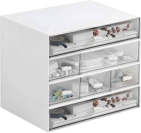 Desktop Drawers, Desktop Storage Drawers Stackable Organizer Plastic Storage Drawers Clear Drawers for Collection Small Item Home Collection Cosmetic Office Supplies 7 Drawers Large Capacity-White