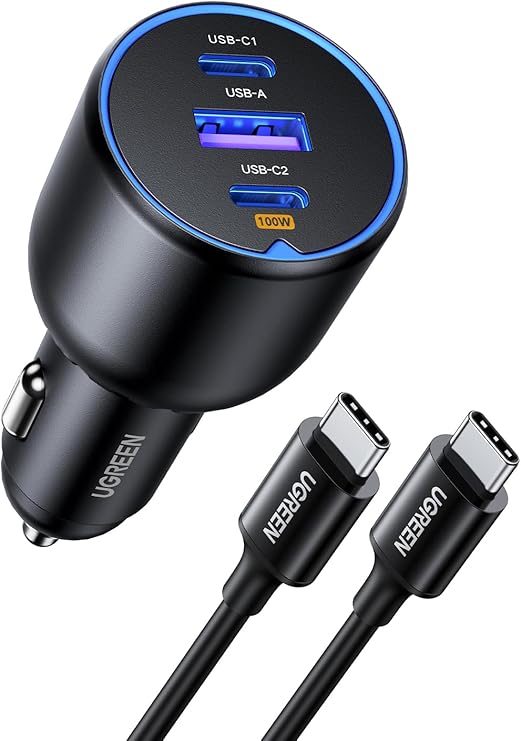 UGREEN 130W USB C Car Charger with Cable, Type C Cigarette Lighter Adapter | 2 USB-C 1 USB-A, Compatible with iPhone 17 Air 17 Pro 17 Pro Max 16 15 14 13 12, Galaxy S25 S24 S23 Ultra, iPad, MacBook