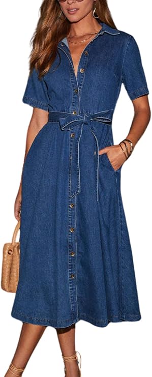 utcoco Women's Denim Shirt Dress with Belt Elegant Short Sleeve Button Down Midi Dress with Pockets