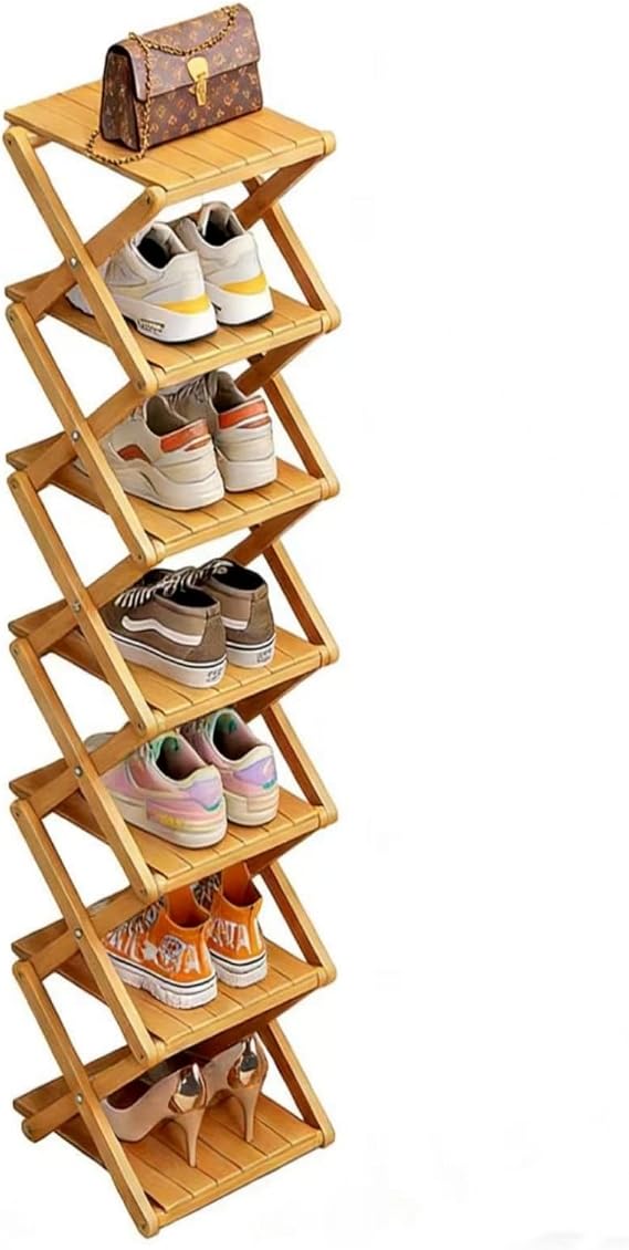 Bamboo Shoe Rack - No Assembly Required, Tall Narrow Foldable Shoe Organizer, Space-Saving Multifunctional Shelf for Entryways, Corners, Bedrooms, Balconies, 7 Layer(Reinforced and Thickened)