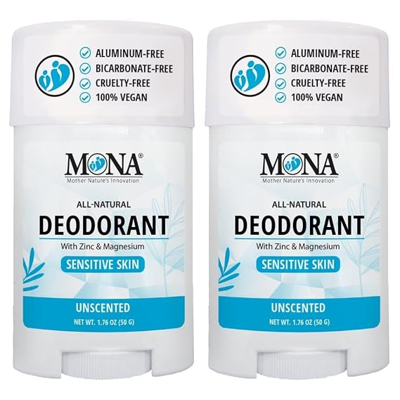 MONA BRANDS All Natural Deodorant For Women & Men | For Sensitive Skin | No Aluminum or Baking Soda | (2-Pack UNSCENTED 1.76 Oz each)