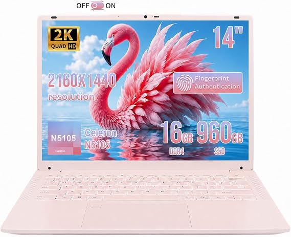 14.1 Inch Portable Laptop,Celeron N5105 Processor,16GB,(2160 x 1440) IPS,Fingerprint Unlock,Win 11,Backlit keyboard, Push-pull camera,Type-C,USB3.0*3,HDMI*1,WiFi /BT 5.0(Pink,16G+960GB SSD)