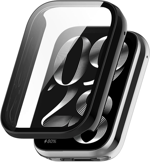 Screen Protector Case Fit for Xiaomi Smart Band 8 Pro, Full Coverage Hard PC Plated Bumper Cover Protective Cases Frame Tempered Glass Screen Protector for Xiaomi Smart Band 8 Pro Smartwatch (Black)