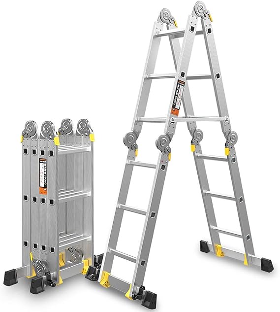 Foldable Aluminum Extension Ladder Multi-Function Folding Ladder Telescopic Ladder with Wheels Lifting Engineering Ladder 3.7M Straight Stairs, Thickening Telescopic Herringbone Ladder, Thickness:4mm